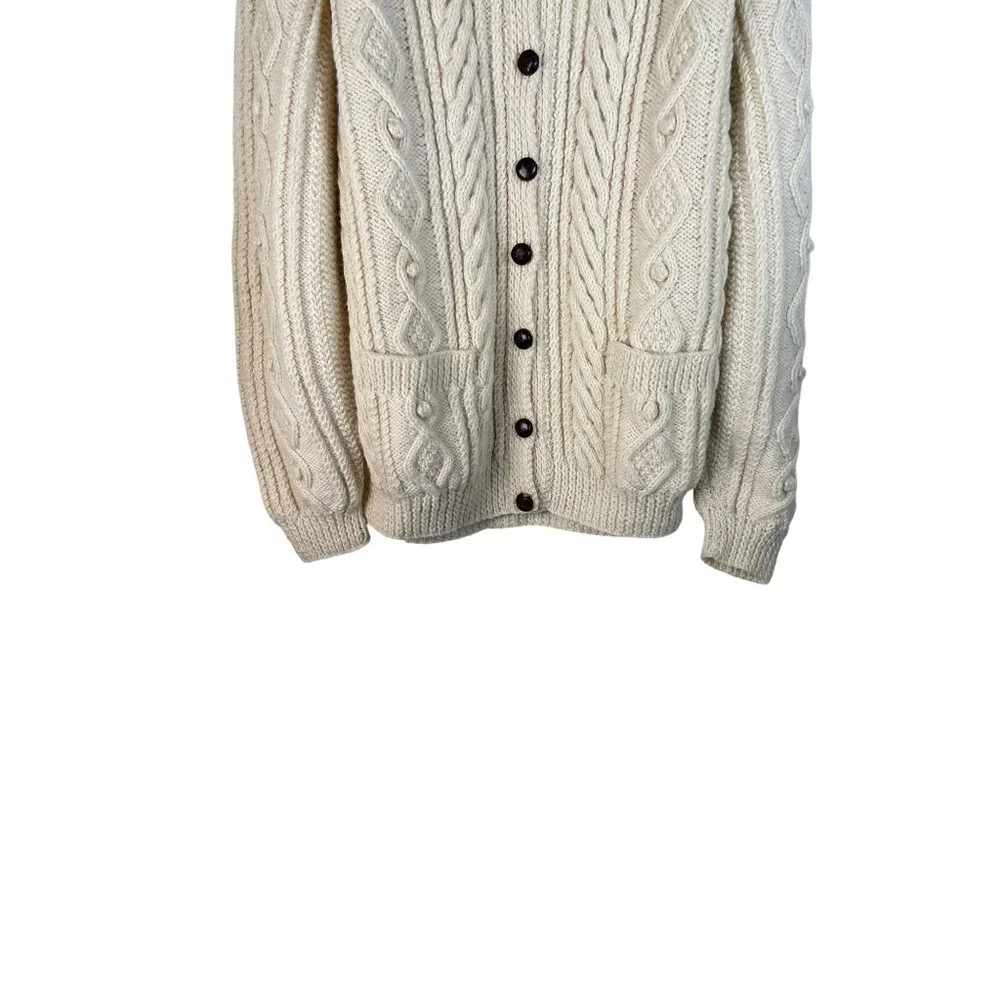 Cream Cable Knit Cardigan Sweater With Front Pockets & Button Closure By Jenners